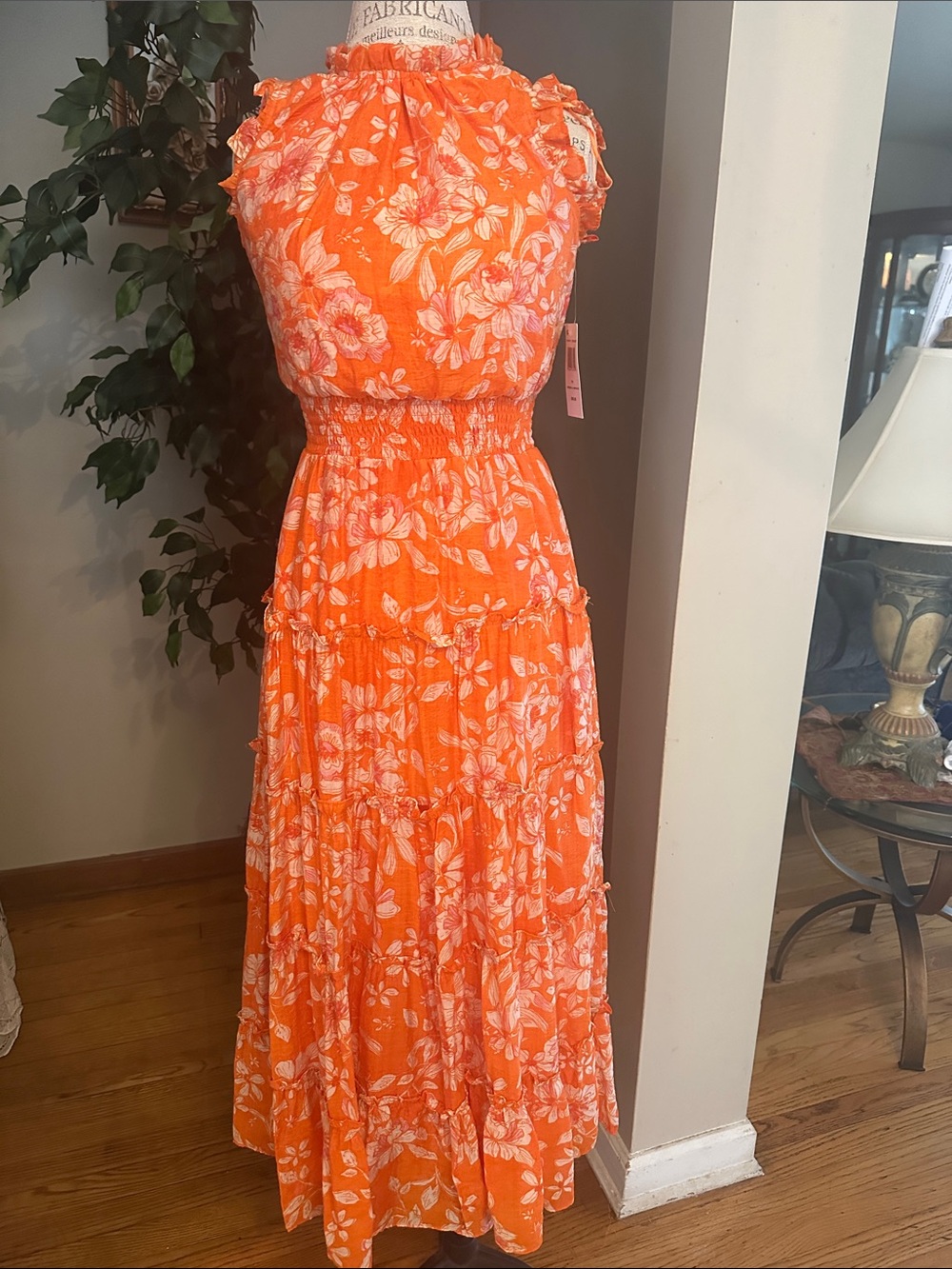 Women’s Floral Orange Maxi Dress with Smocked Waist